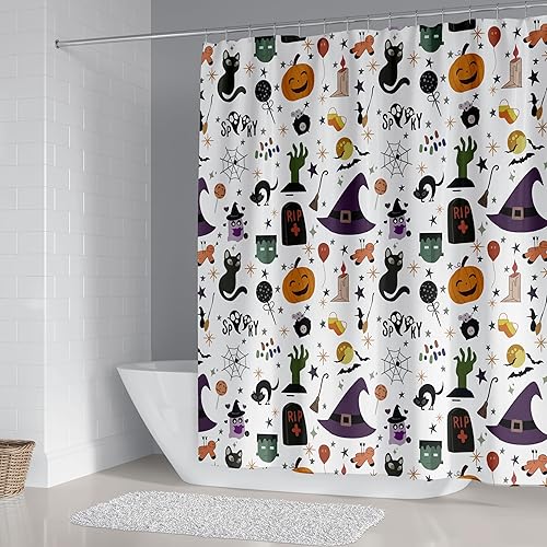 Miniatura 3 de Juego de 4 cortinas de ducha de Halloween, espeluznante cortina de ducha de gato negro con calabaza para decoración de baño de Halloween con
