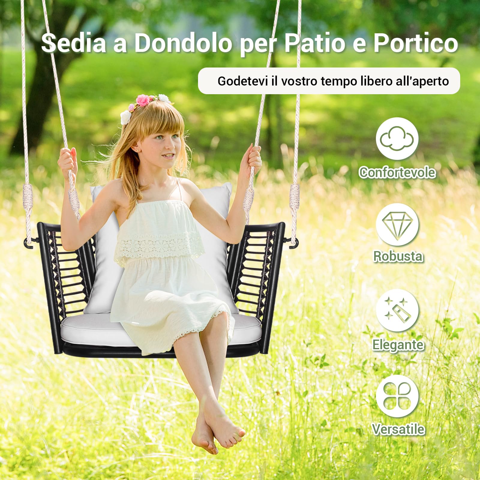 COSTWAY Altalena da Giardino in Rattan PE, con Cuscino (Bianco)