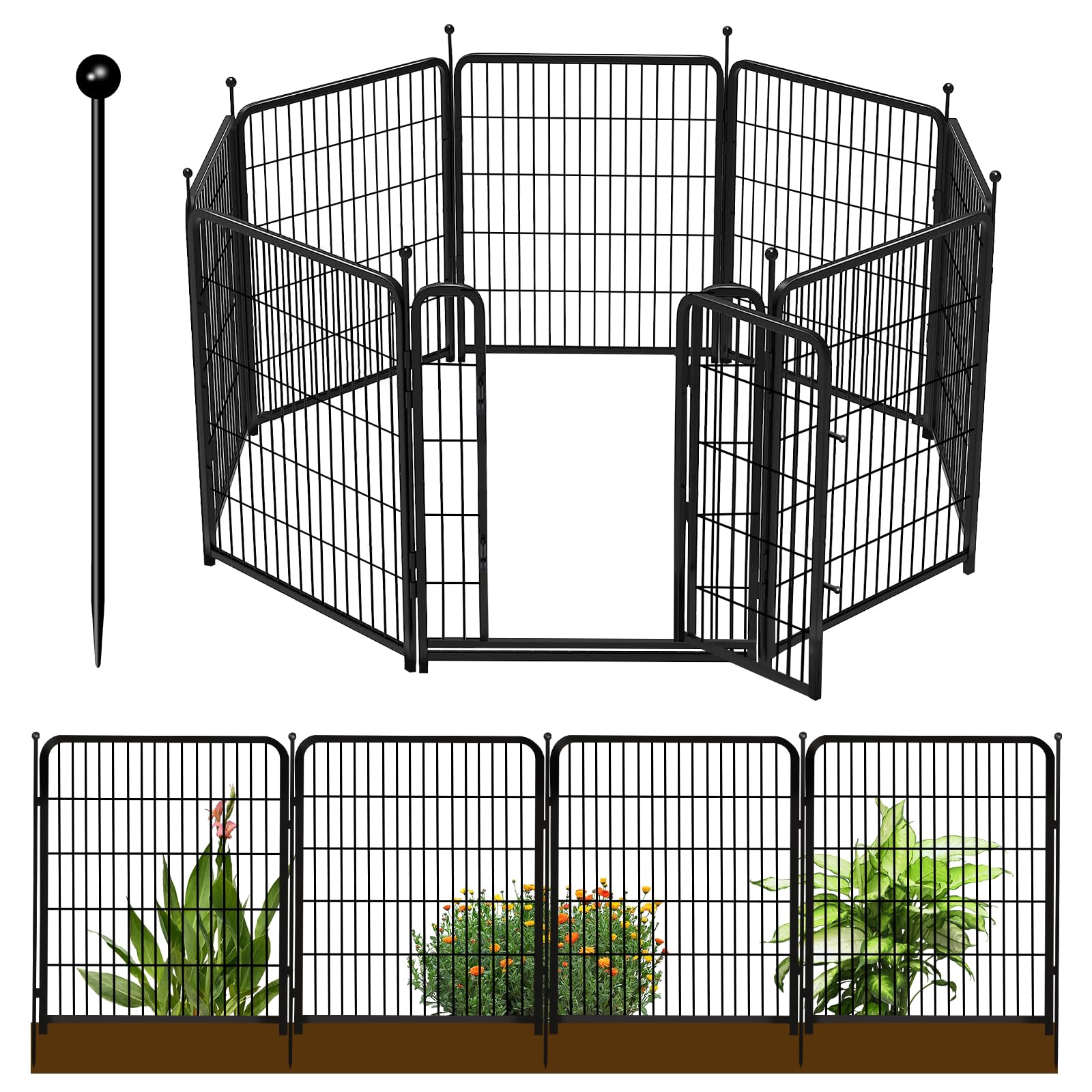 Decorative Garden Fence with Gate 36in(H)×18ft(L) 8 Panels, Heavy Duty Iron Animal Barrier Fence for Yard,Suitable for Indoor Pet Fence Or Outdoor Dog Fencing, Getlay Garden Border Fence
