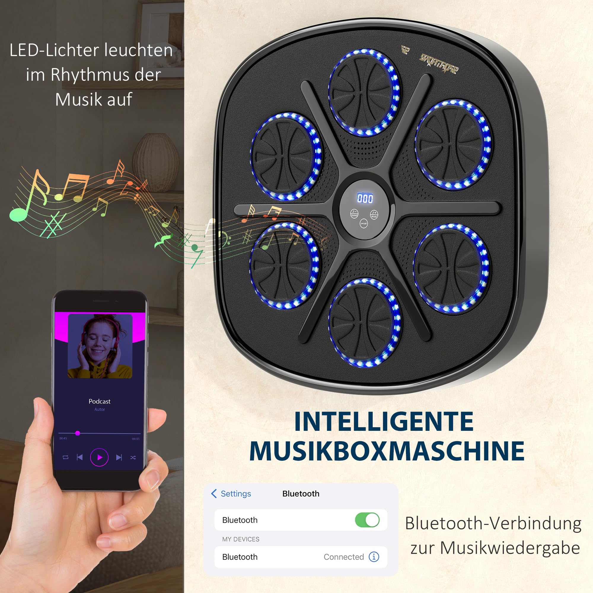 Maszyna do boksu z muzyką, Bluetooth, LED, elektroniczna