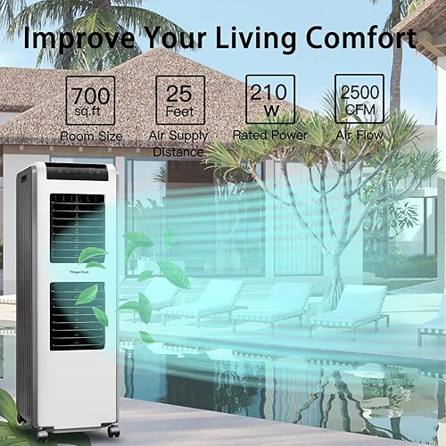Miniatura 6 de Enfriador de aire evaporativo de 2500 CFM con control remoto, 210 W, aire acondicionado portátil de 3 velocidades para patio al aire libre, tanque