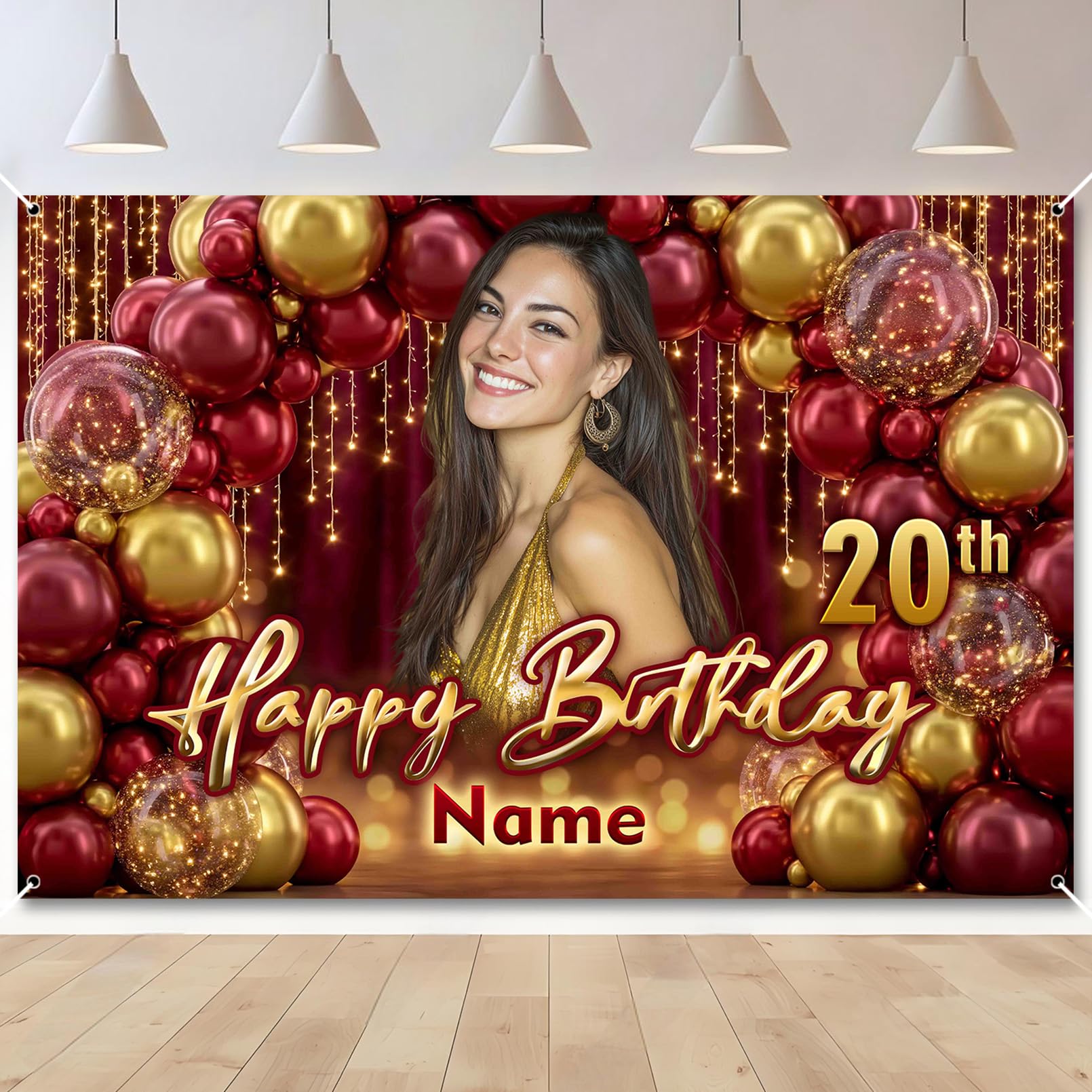 Custom Birthday Red Gold Banner Add Photo Name Age Party Banner Decor — image 1