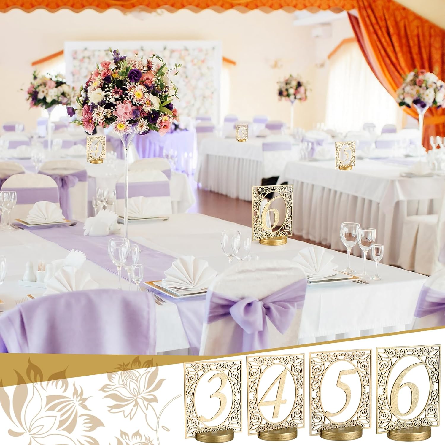 Novabright 10個 手描き ゴールド 木製テーブル番号 1-10 ウェディングカービングテーブル番号 ベース付き 素朴なゴ