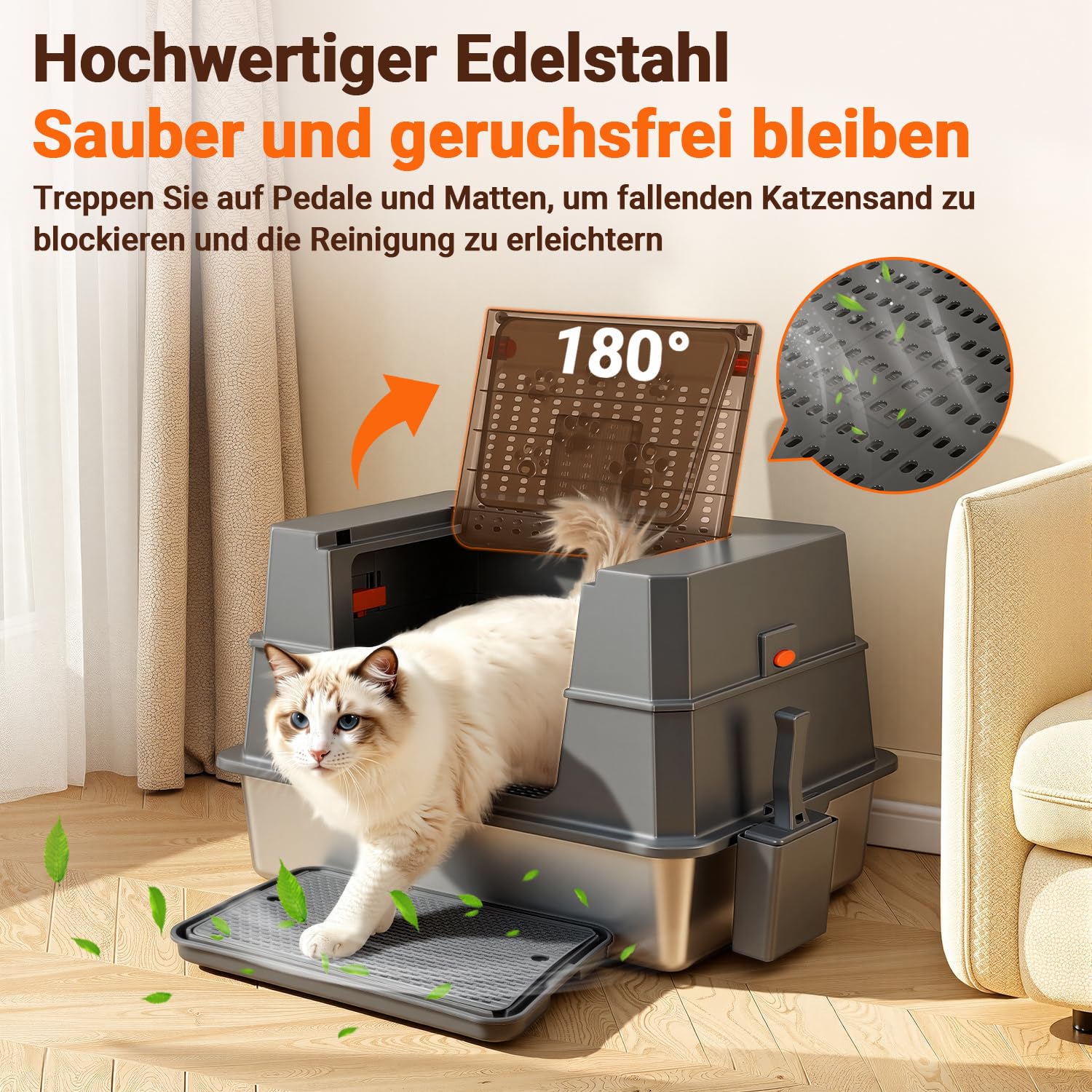 Edelstahl Katzenklo XXXL mit Deckel, auslaufsichere geschlossene Katzentoilette mit hohem Rand, für große Katzen, 70 x 50 x 43 cm, geruchsresistent, leicht zu reinigen, mit Pedal und Schaufel