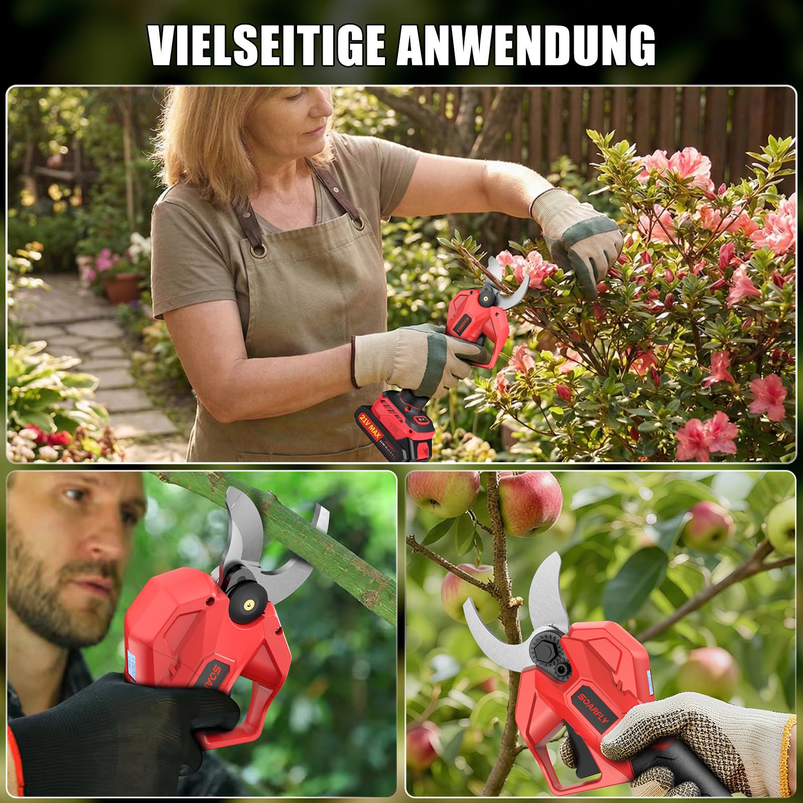 SOARFLY Akku Astschere 50mm, Elektrische Gartenschere mit 2 Akkus, Leistungsstarke Astschere Akku für Obstbäume Garten und Sträucher, Kabellose Gartenschere mit SK7 Klinge und Sicherheitsfunktion, Rot