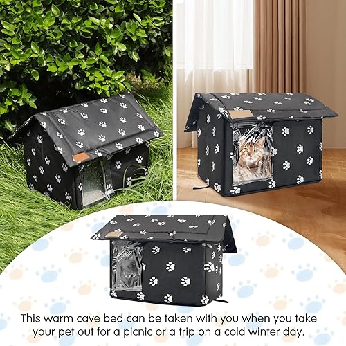 Fhiny Stray Cats Shelter, Waterproof Outdoor Cat House Foldable Warm Pet Cave for Winter Wild Animal Tent Bed Anti-Slip Kitten Cave for Feral Cat Dog Puppy Weatherproof Black (S:13.4"×11.8"×13.7")(S:13.4"×11.8"×13.7")