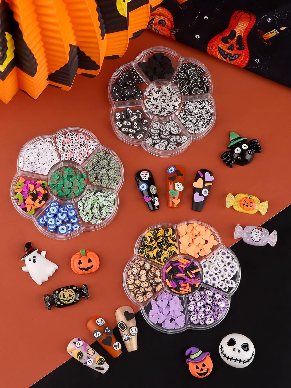 Halloween Nail Art Sequins, Kalolary 3D Skull Spider Pumpkin Bat Ghost Witch Shape Polymer Clay Slices for Acrylic Nails Design Halloween Party Decor（3 Boxes）