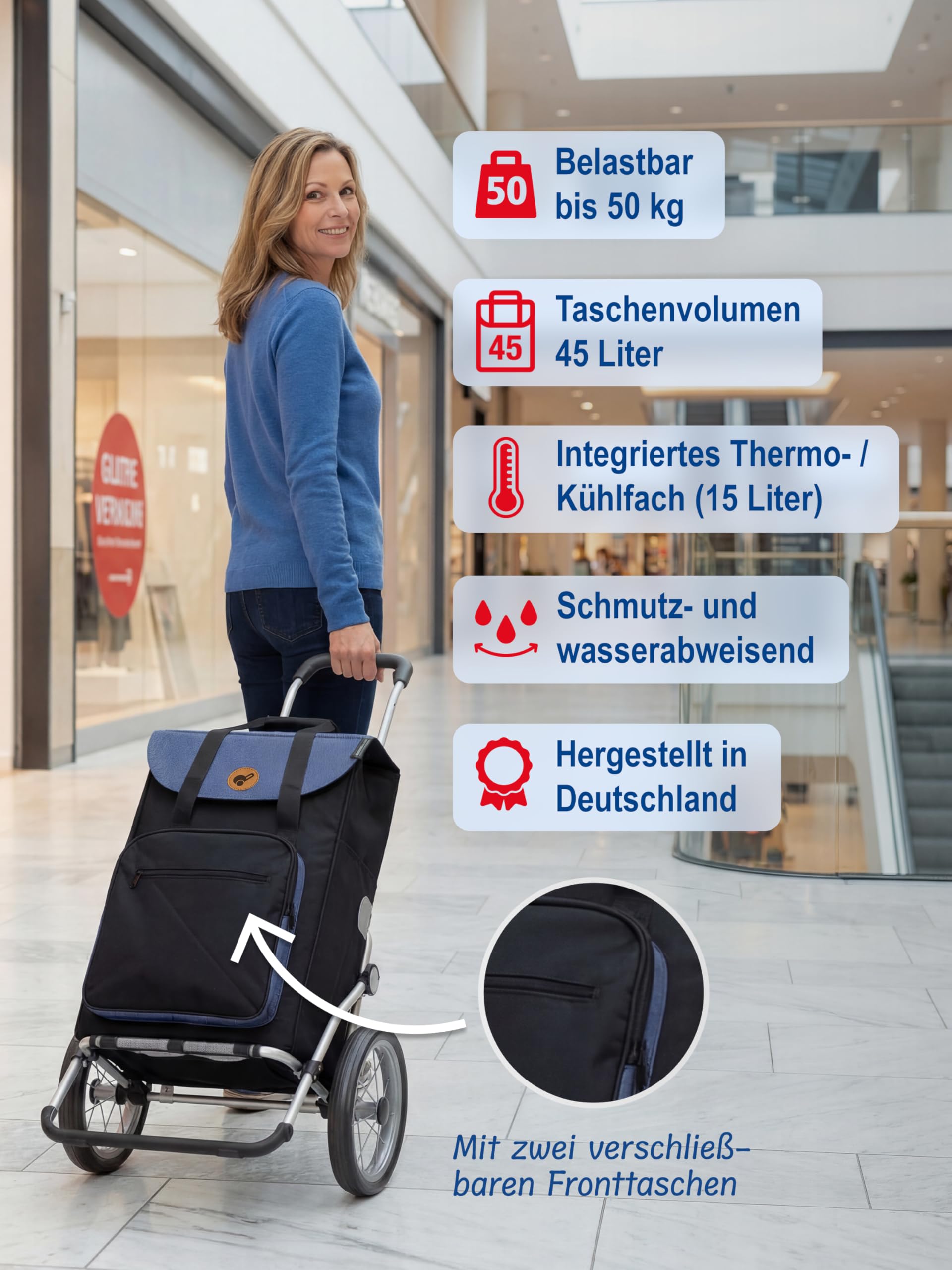 Andersen Einkaufstrolley - klappbar - 45 Liter - mit Kühlfach | Aufhängung für Einkaufswagen - belastbar 50 kg - Aluminium - Metallspeichen-Rad Ø 25 cm - Royal Shopper Wismar schwarz