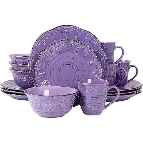 Elama Rustic Birch 16 Piece Stoneware Dinnerware Set in Purple, Purple with Brown Accents, (EL-RUSTICBIRCH)