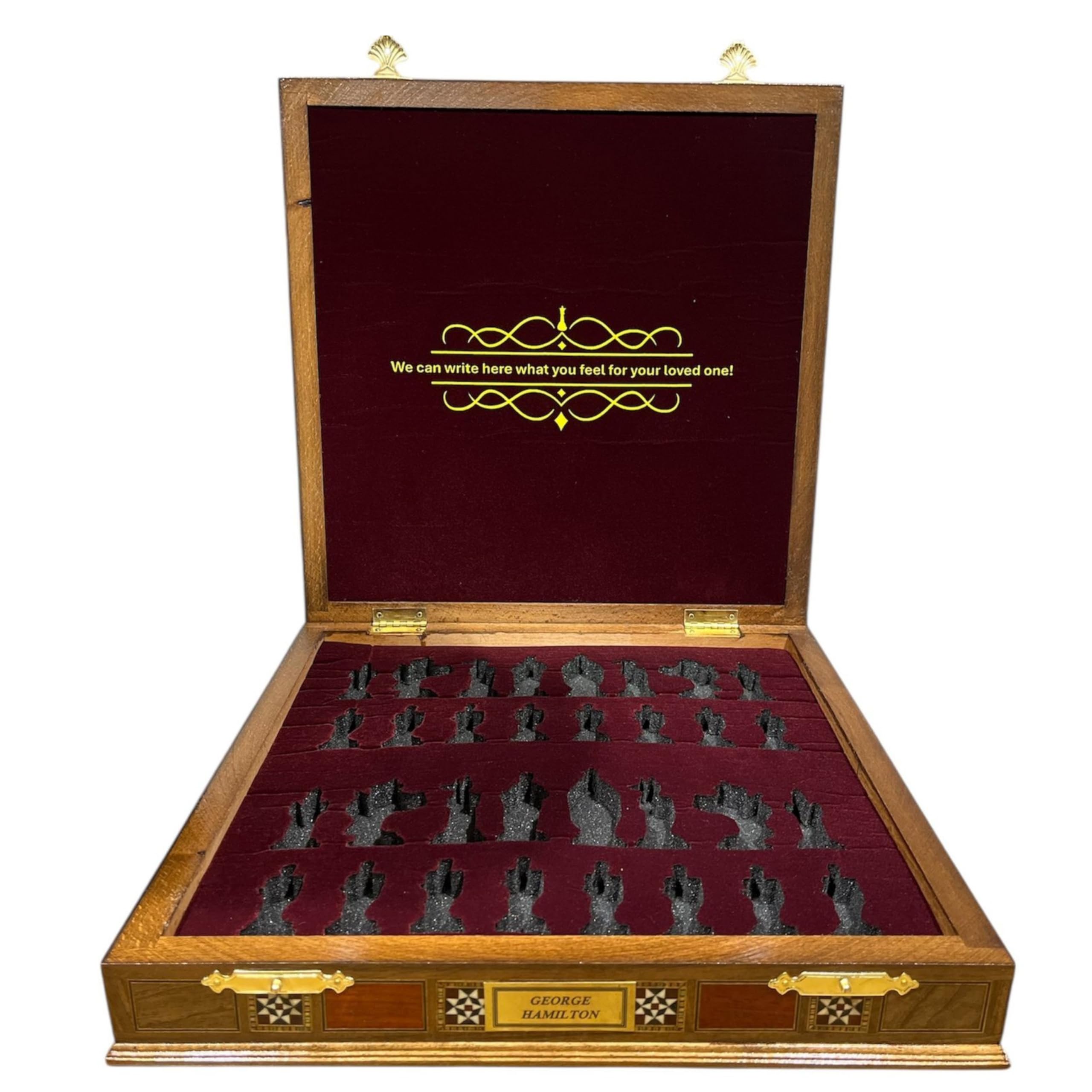 GiftHome Royal Medieval British Army Set di scacchi in metallo di rame antico per adulti pezzi fatti a mano e scacchiera in legno massello naturale con contenitore interno per letto king size 835 cm