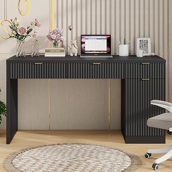 Halitaa 60" Executive Desk with Fluted Drawers, Wood Home Office Desk with Storage Cabinet, Fluted Reversible Computer Writing Desk for Study, Living Room, Pure Black