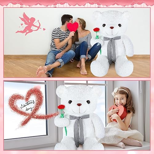 Miniatura 4 de MiniInflat Oso de peluche gigante de 39 pulgadas con lazo de cinta, rosa, suave, para niños, novia, cumpleaños (vino)