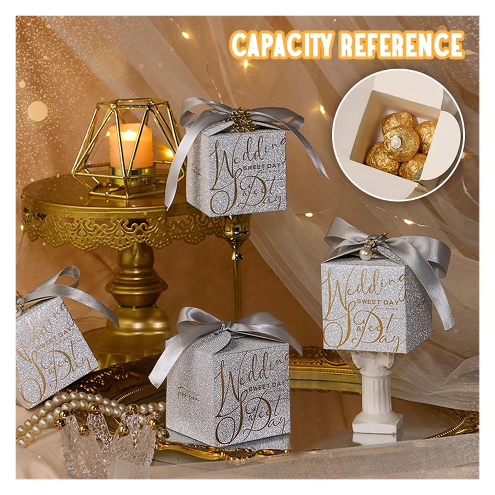Scatola for caramelle nuziali Scatola regalo con guscio in polvere glitterata squisita Scatola for imballaggio in cartone con fiocco in nastro di perle Bomboniere for matrimoni(Sliver gold,50pcs)