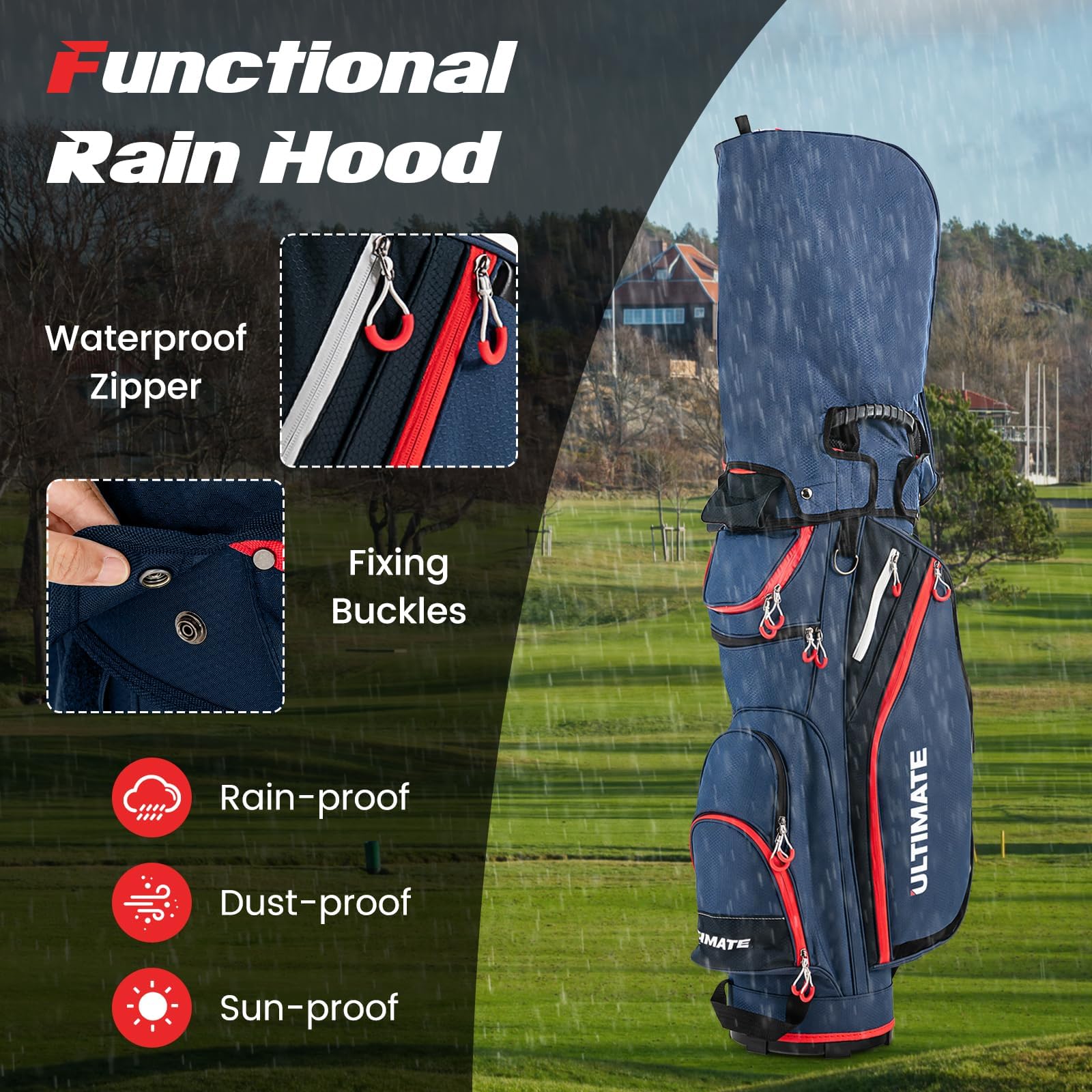 LIFEZEAL Golftasche, Cartbag mit 14 Teilern & 8 Taschen, Golfreisetasche mit Regenabdeckung, Golf Standbag mit Griff & Rückengurt, Ideal für Golfplatz & Reisen