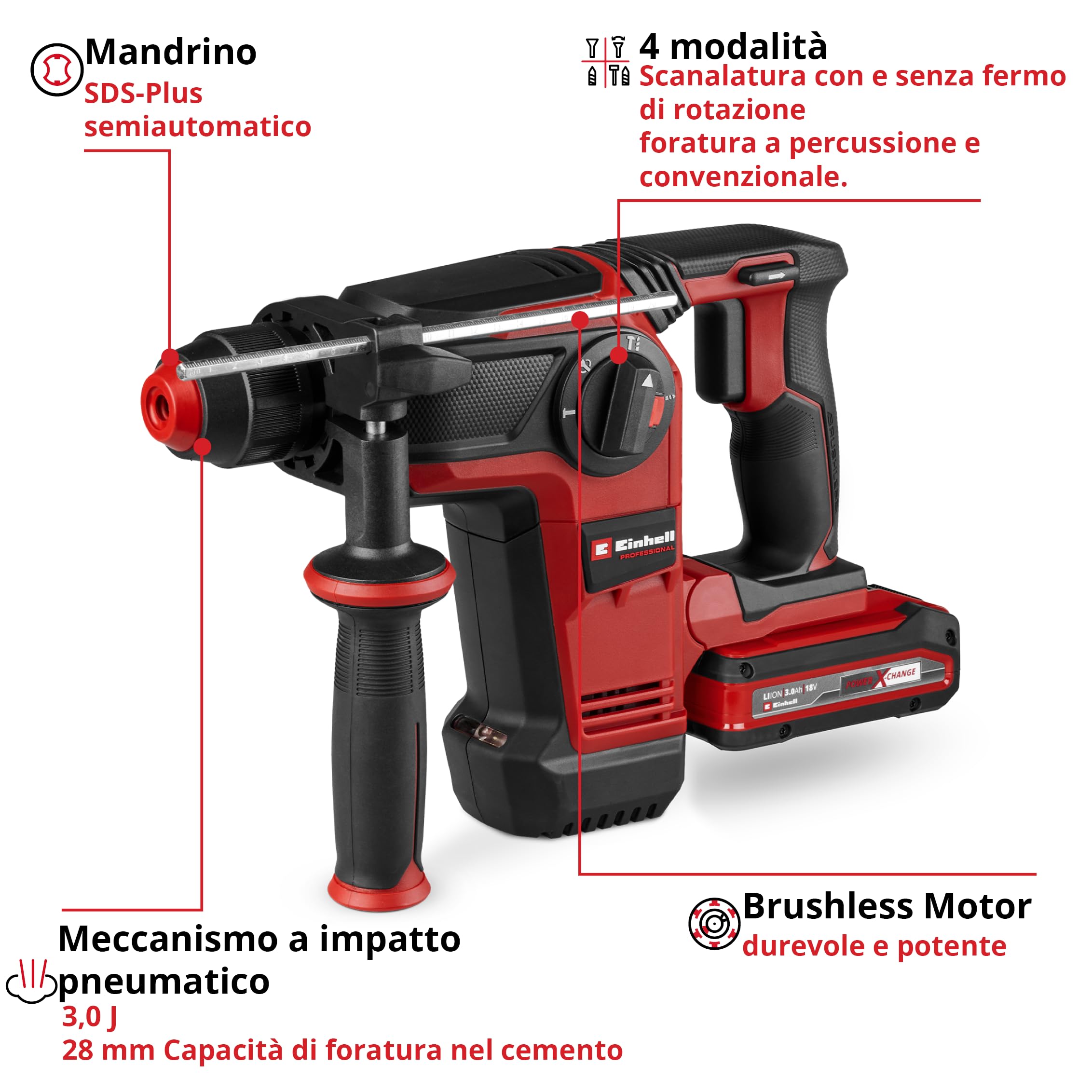 Tassellatore Einhell Professional TP-HD 18/28 Li BL +4 (1x 3,0Ah+) Power X-Change (18 V, Brushless, 3 J, SDS-plus, 4 funzioni, accessori, batteria da 3,0 Ah + caricabatterie)