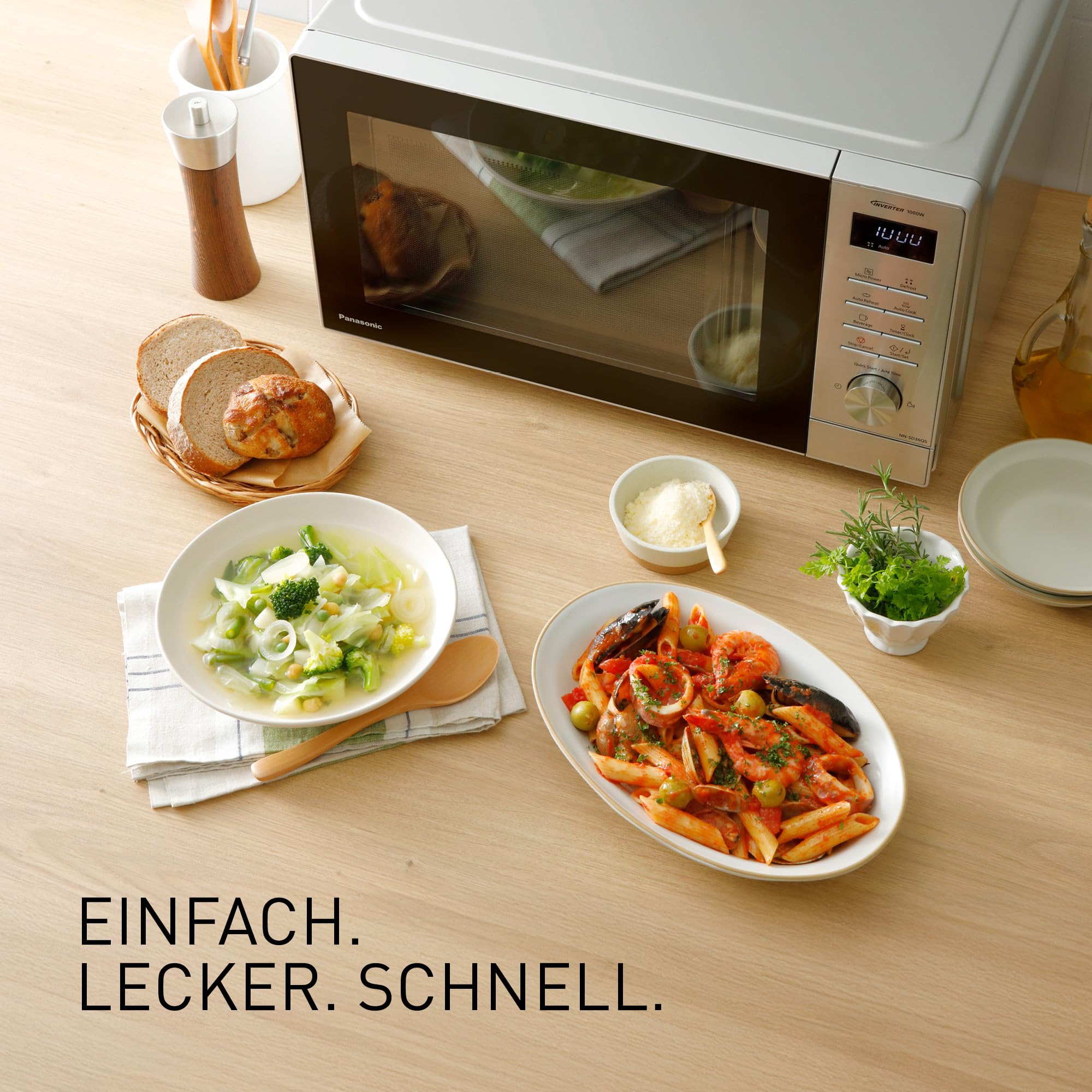 Panasonic NN-SD36QSEPG Solo-Mikrowelle, 29 l, 1000 W, automatisches Auftauen, 11 automatische Programme, Timer, Silber