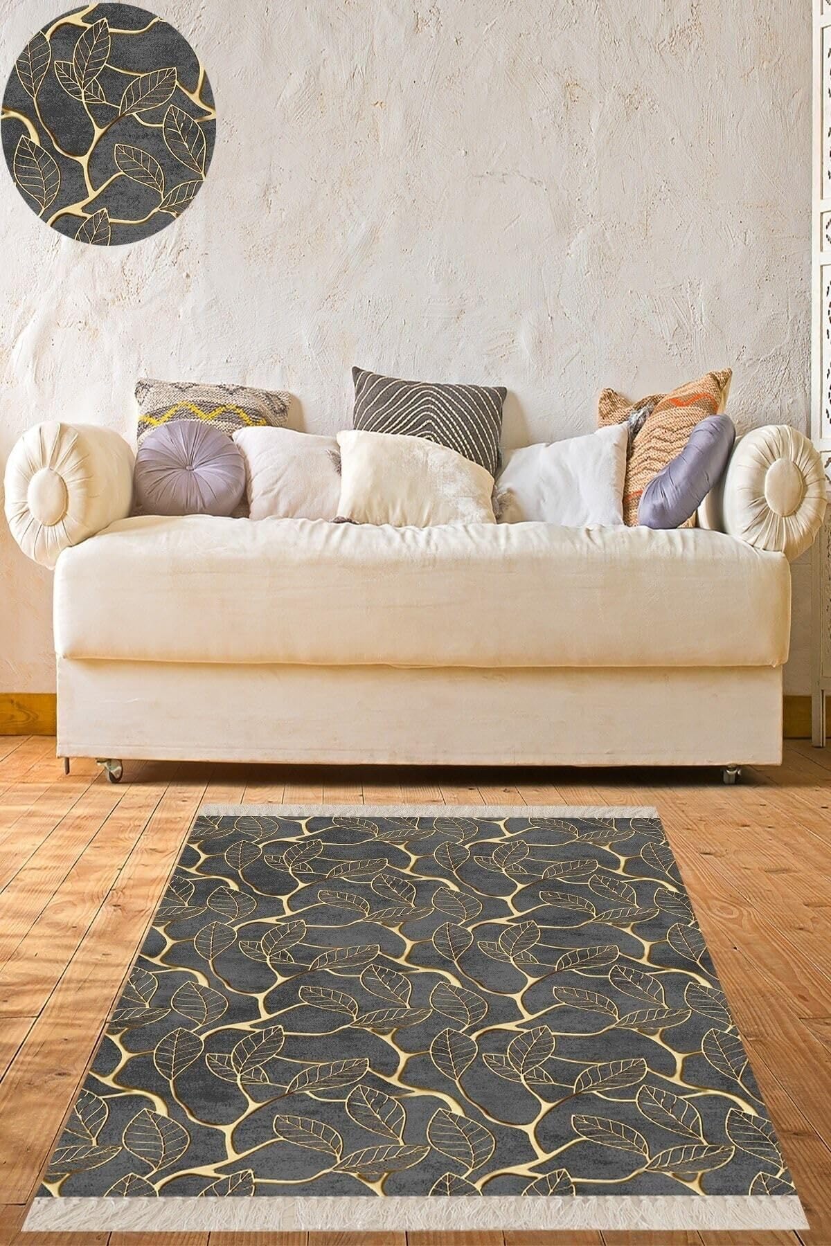 Pelangi Gold Yaprak Desenli Dijital Baskı Yıkanabilir Kaymaz Taban Klasik Salon Halısı Gri, Gri-Gold 180 x 180