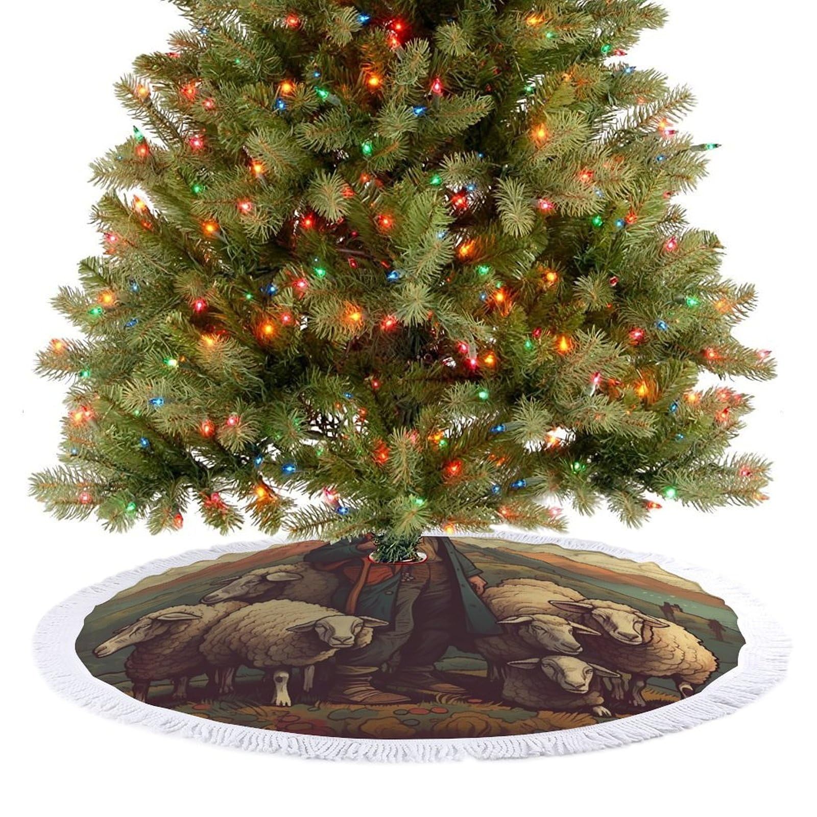 Man Leads The Sheep Christmas Tree Skirt 48"x48" Rustic Xmas Tree Mat with Tassel Ornament Christmas Trees Cover Skirt Mat for Evergreen Trees Ornament Winter Holiday Mats Decorations