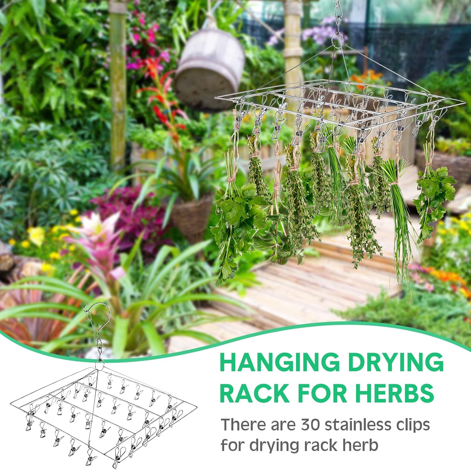 Bokon 4 Pcs Hanging Drying Rack for Herb Macrame Flower with Stainless Clip Dryer Hook for Drying Herb Air Plants Spices Flower Hydroponic Plant Ready to Use with Ceiling Hook(Square)