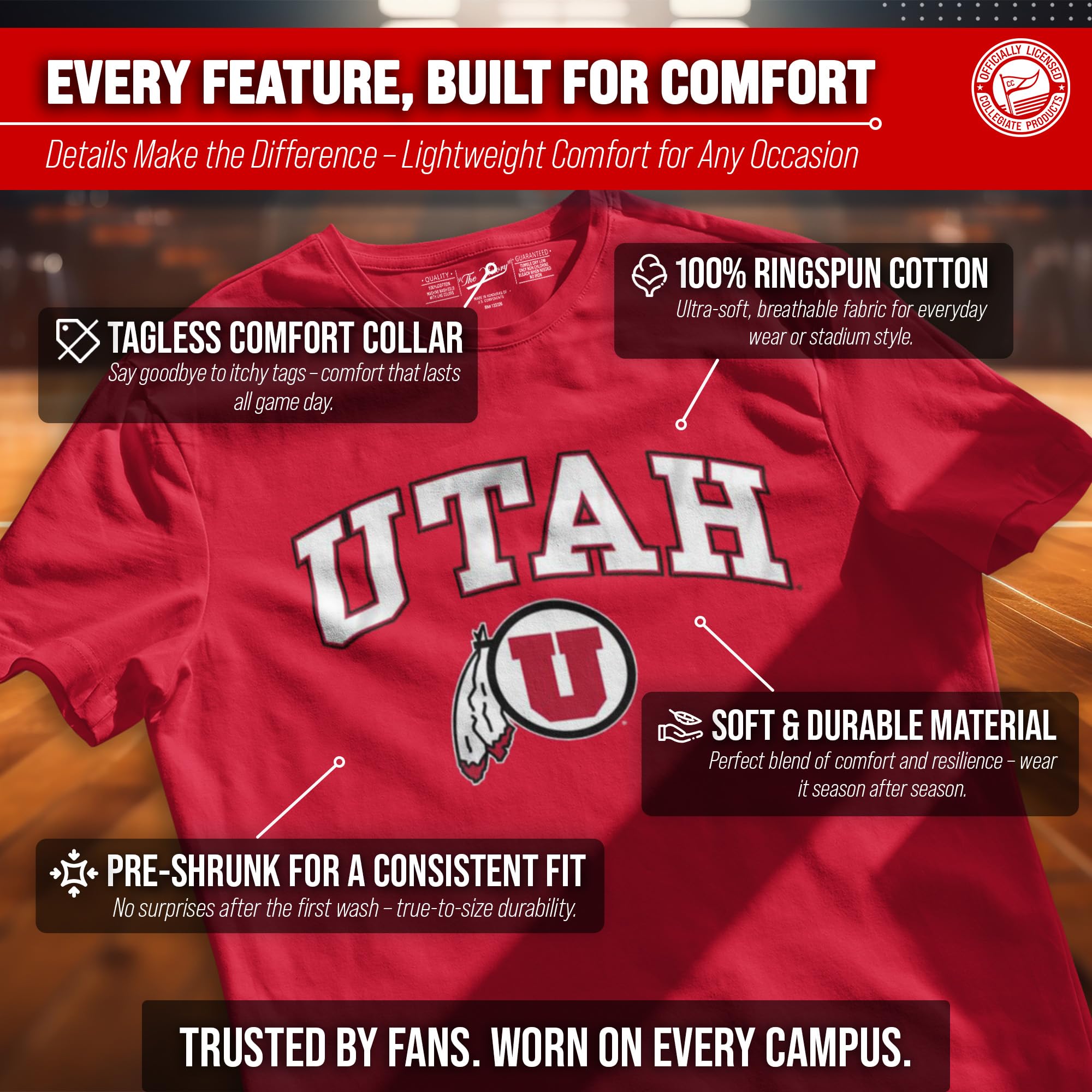 Campus Colors Utah Utes Gameday T-Shirt - Red, Medium, 100% Cotton