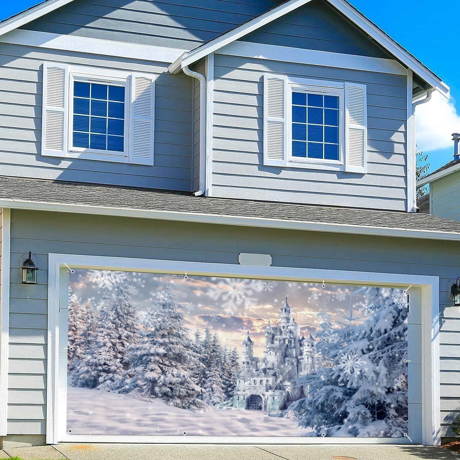 Leowefowa Winter Garage Door Decorations 15x8ft Winter Garage Door Cover Snow Pine Garage Door Banner Castle Yard Backdrop Decoration