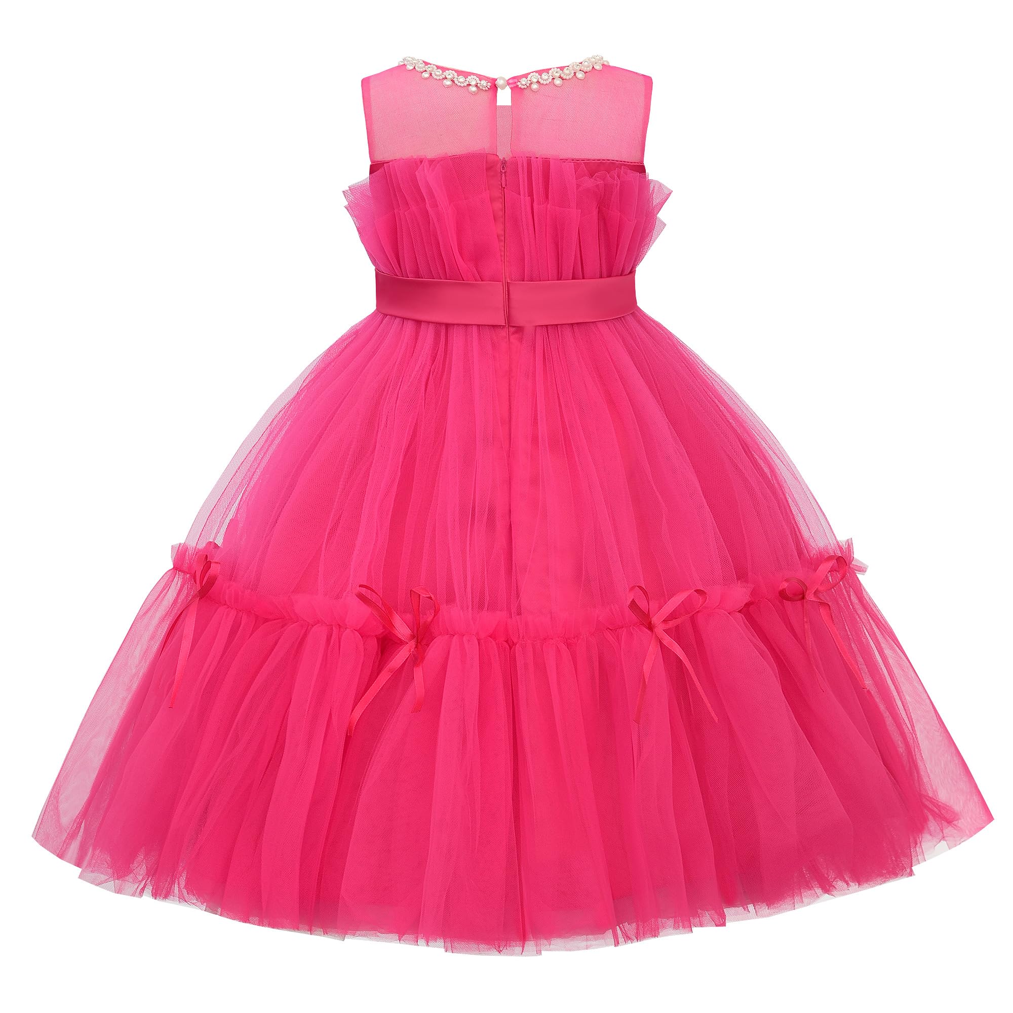 Uhnice Blumenmädchenkleid mit Schleife, ärmellos, Tüllkleid mit Perlen für Hochzeit, Geburtstag, Party