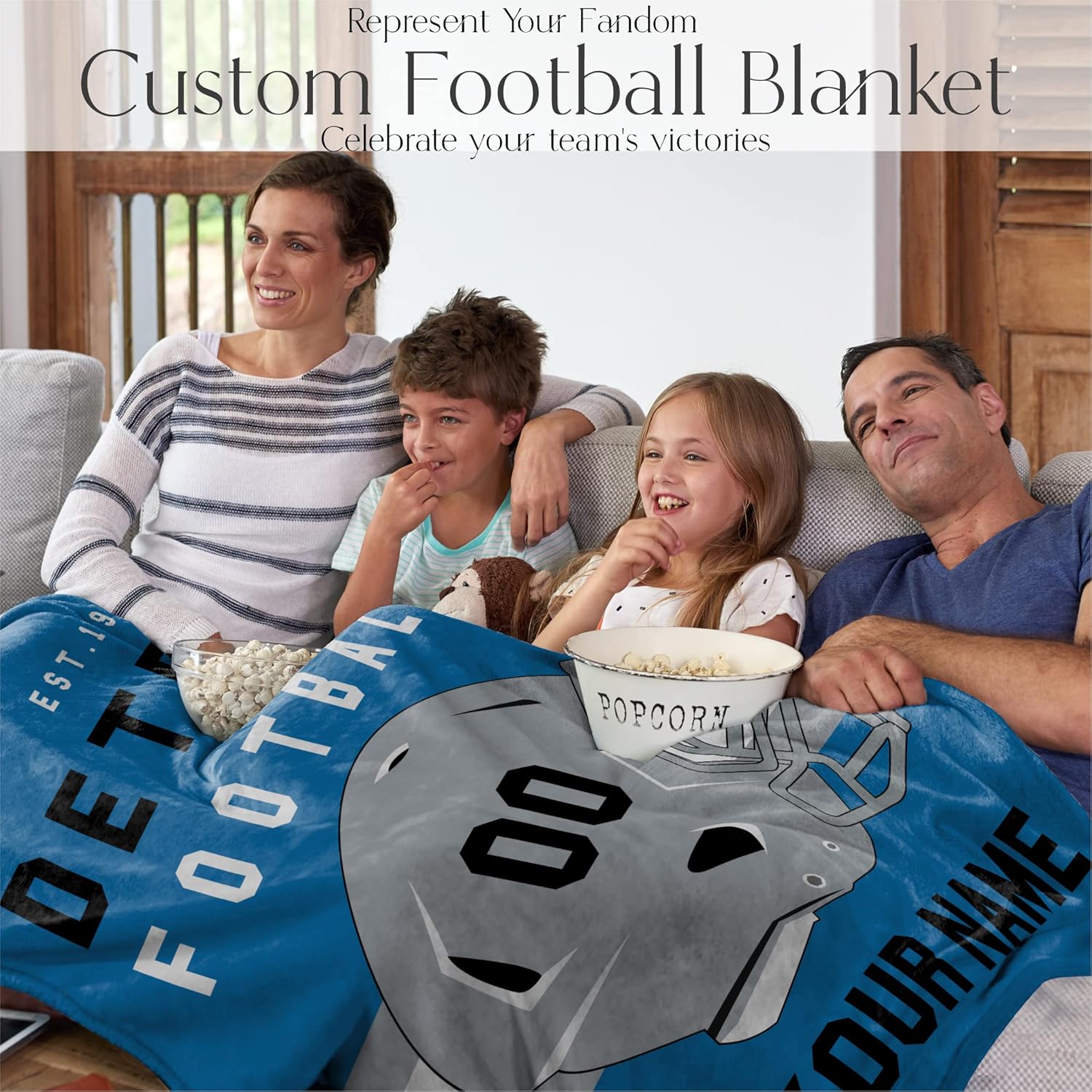 Personalized Football Throw Blanket for Kids and Adults | Warm and Soft Plush | American Football Custom Fan Gift with Helmet Number, Name, City, and Team Colors (50x60 Fleece - Detroit)