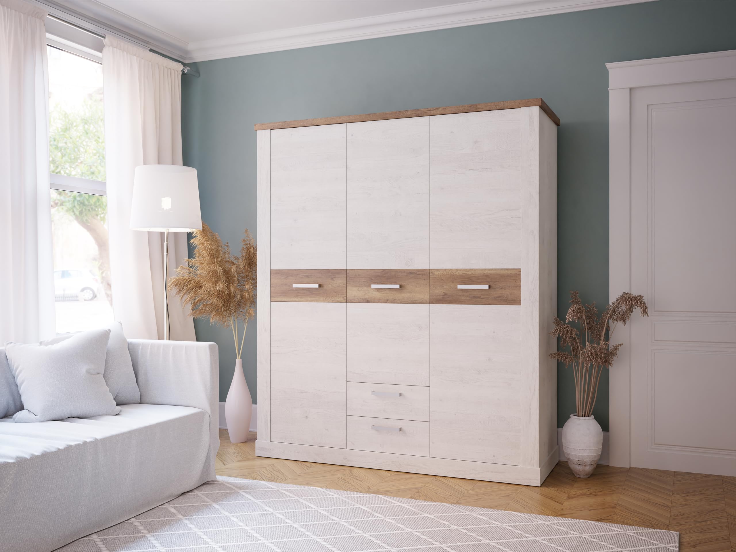 FORTE DURO Schrank 170 180, Kleiderschrank Drehtürenschrank Landhausstil 3-türig 2 Schubladen Einlegeböden Kleiderstange Holzdekor: Pinie Weiß / Eiche Antik, 171 cm breit x 199 cm hoch x 59 cm tief Küche, Haushalt & Wohnen