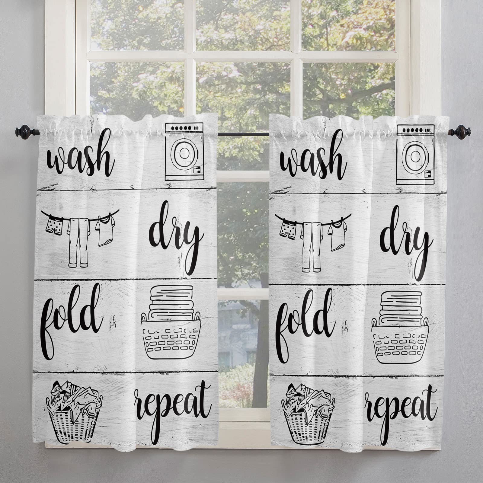 Kitchen Tier Curtains 54 inches long, Laundry Wash Dry Fold Repeat Wood Grain Window Curtains for Living Room Bath Cafe,Rod Pocket Light Filtering