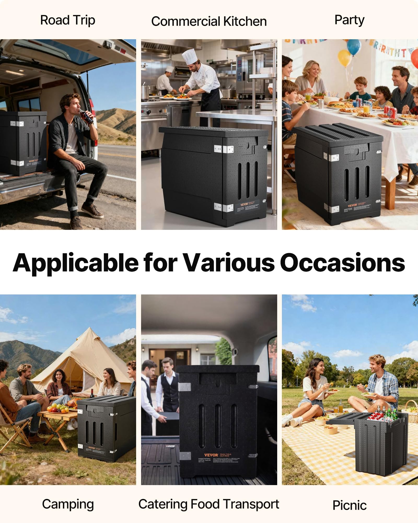 VEVOR Conteneur Isotherme 90 L Boîte de Transport en LLDPE à Chargement Frontal Portable pour Garder au Chaud ou Froid Bacs Alimentaires Traiteur Restauration Restaurant Cantine 640x435x600 mm
