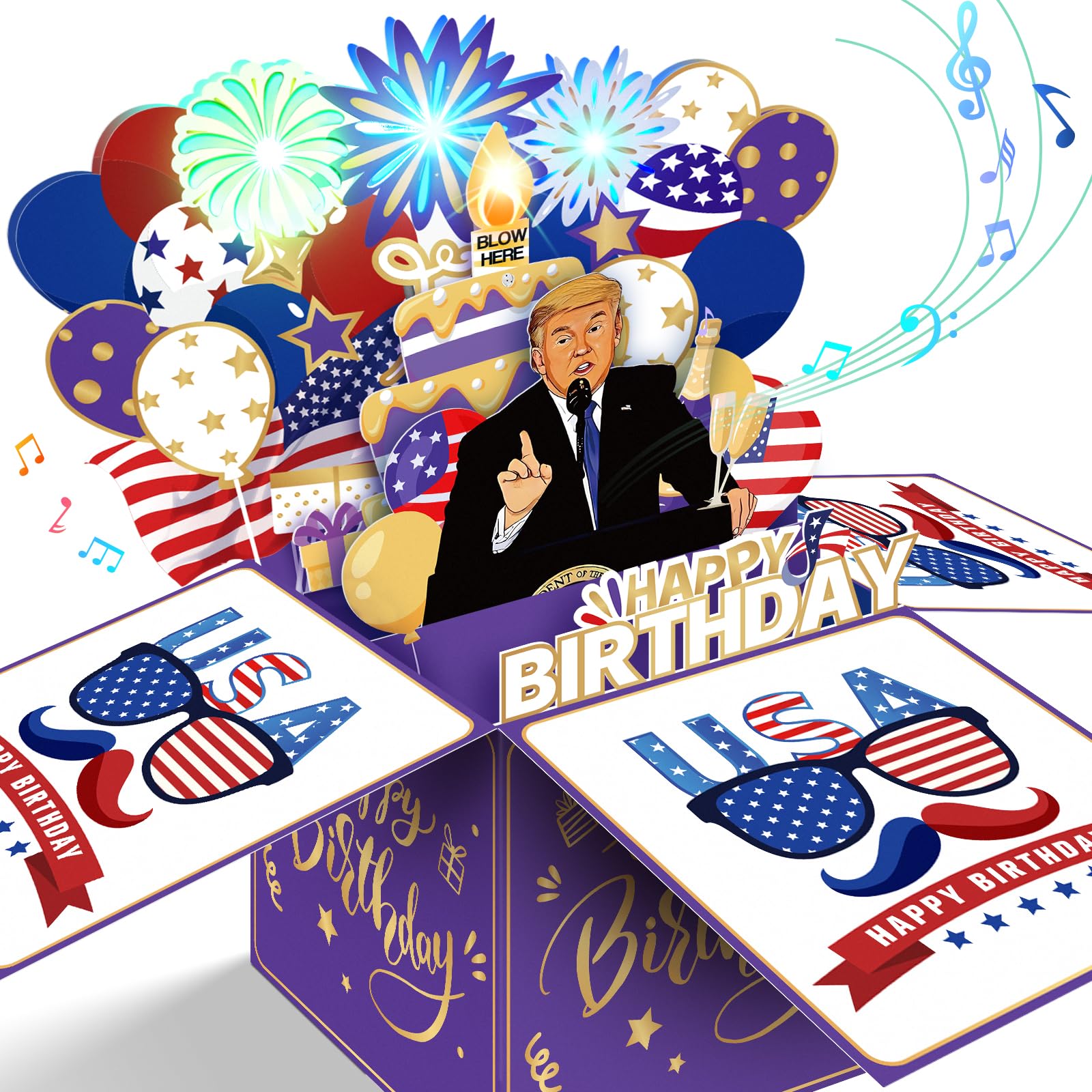Photo 1 of **SONG PLAYS BRIEFLY THEN SHUTS OFF *** FITMITE Birthday Card, Musical Pop Up Greeting Cards w Light, Blow Out Candle Greeting Cards Gifts for Him or Her (Birthday Song, Presidential Blessings & Surprise) (Purple Gold)