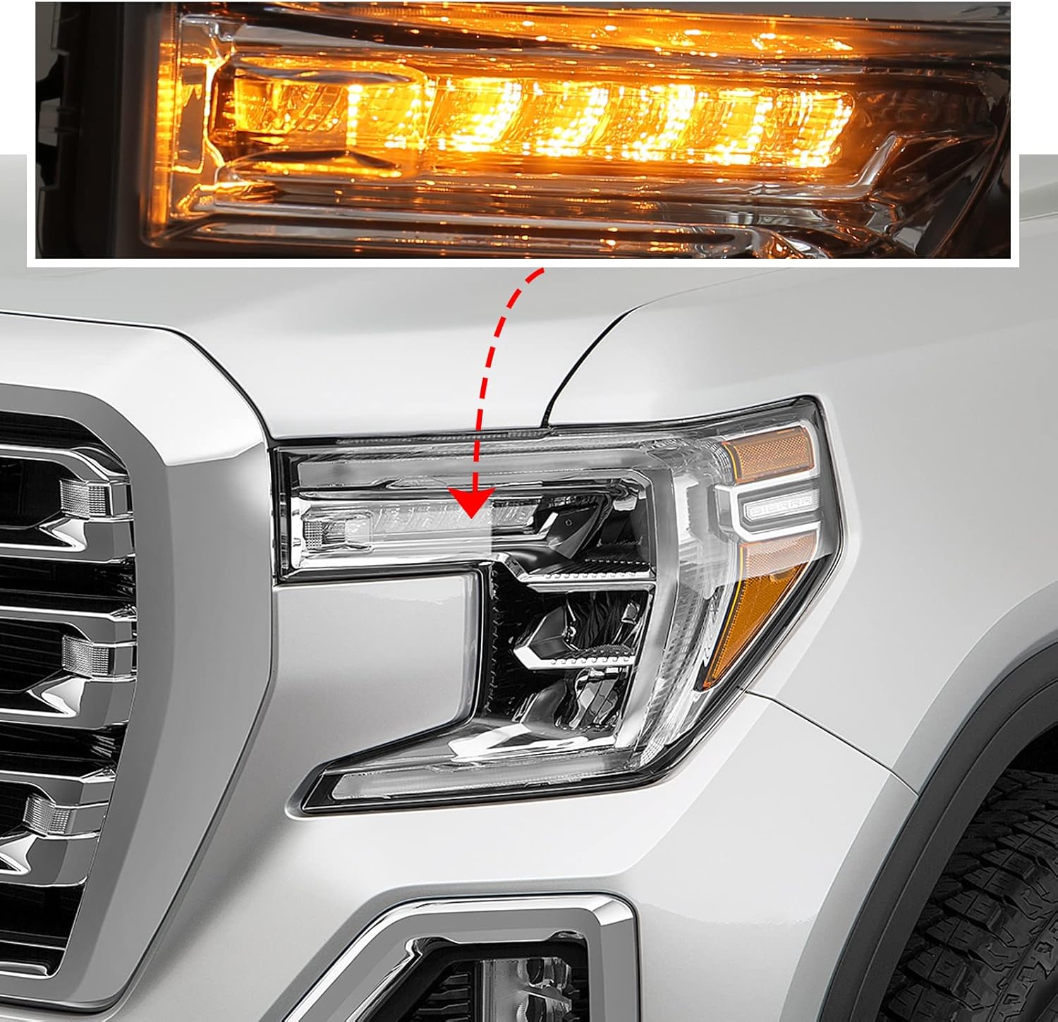 FIONE for GMC Sierra 1500 Headlight Assembly 2019 2020 2021 LED Projector Replacement HeadLamp with LED DRL Turn Signal Light Chrome Housing Clear Lens Left Driver Side LH 84772475