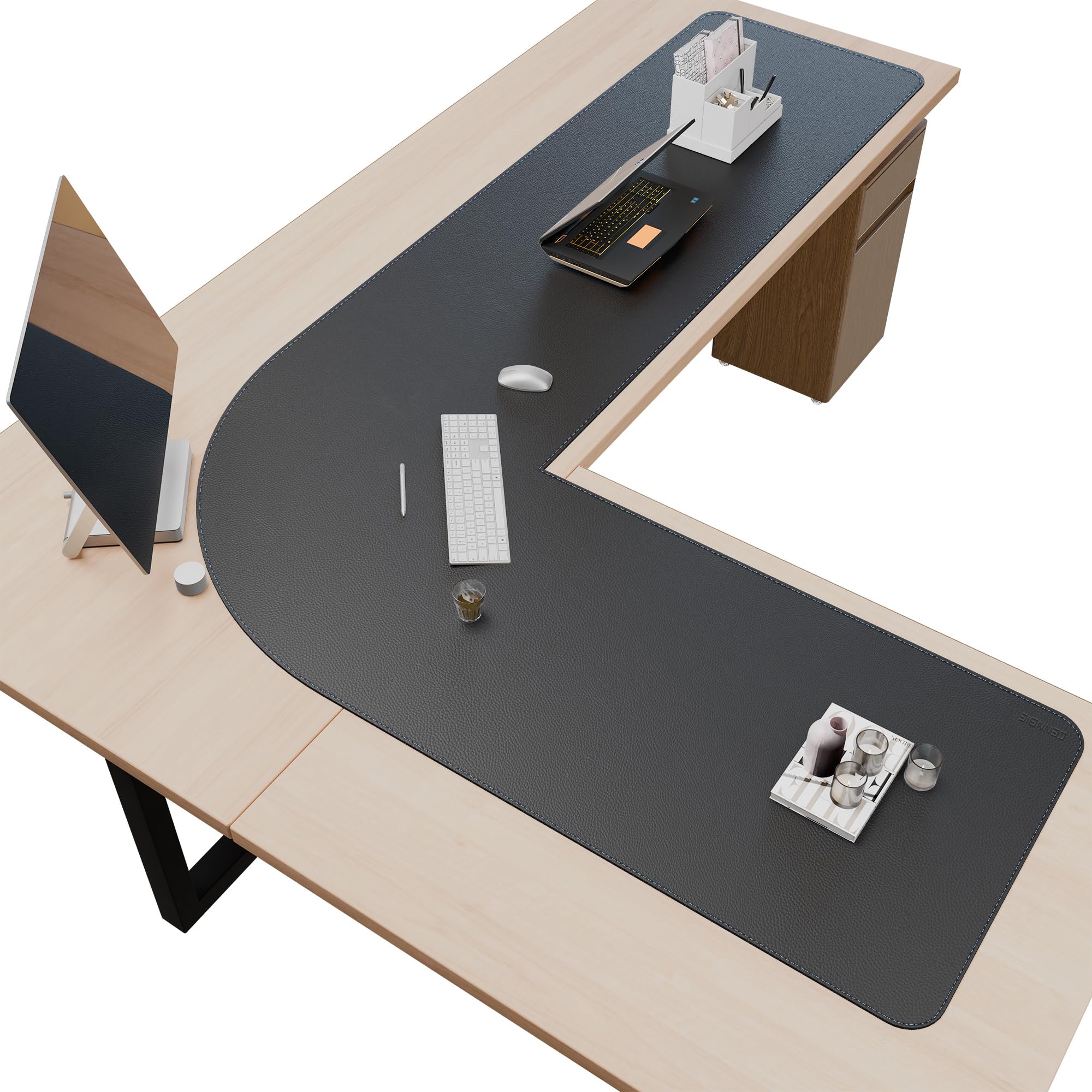 CENNBIE Sottomano doppio a forma di L, in pelle, (157 + 220) x 60 cm, colore nero