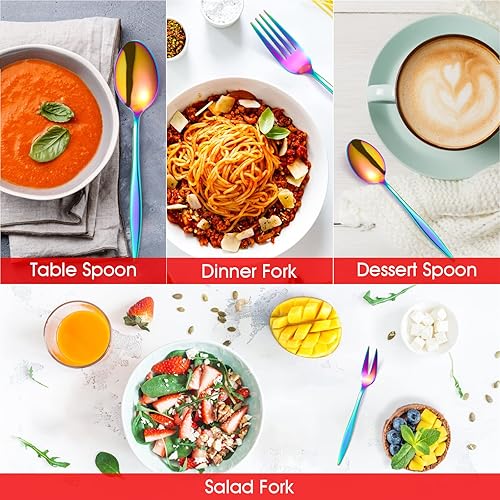 Miniatura 5 de Rainbow - Juego de cubiertos iridiscentes de 30 piezas para 6, cubiertos de acero inoxidable, vajilla colorida esencial para la cocina del hogar