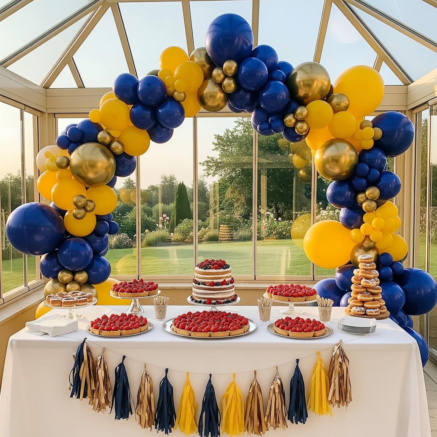 Pearl Navy Blue and Gold Balloon Garland Arch Kit 132Pcs pearl Deep navy and chrome gold lemon yellow balloons for Boy Baby shower prince birthday cartoon Lion theme birthday decorations