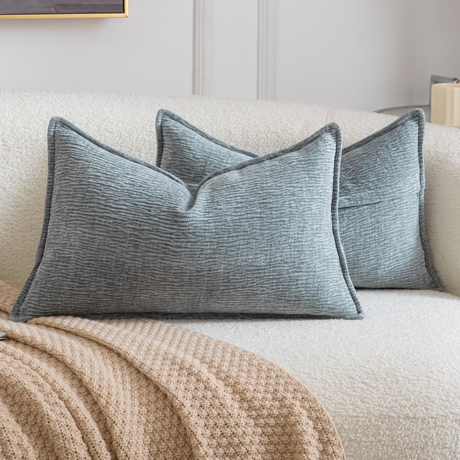 Madizz Pack of 2 Decorative Cushion Covers Soft Chenille Throw Pillows Solid Textured Throw Pillow Covers for Couch Sofa Bedroom Living Room 30x50 CM, Pale Blue
