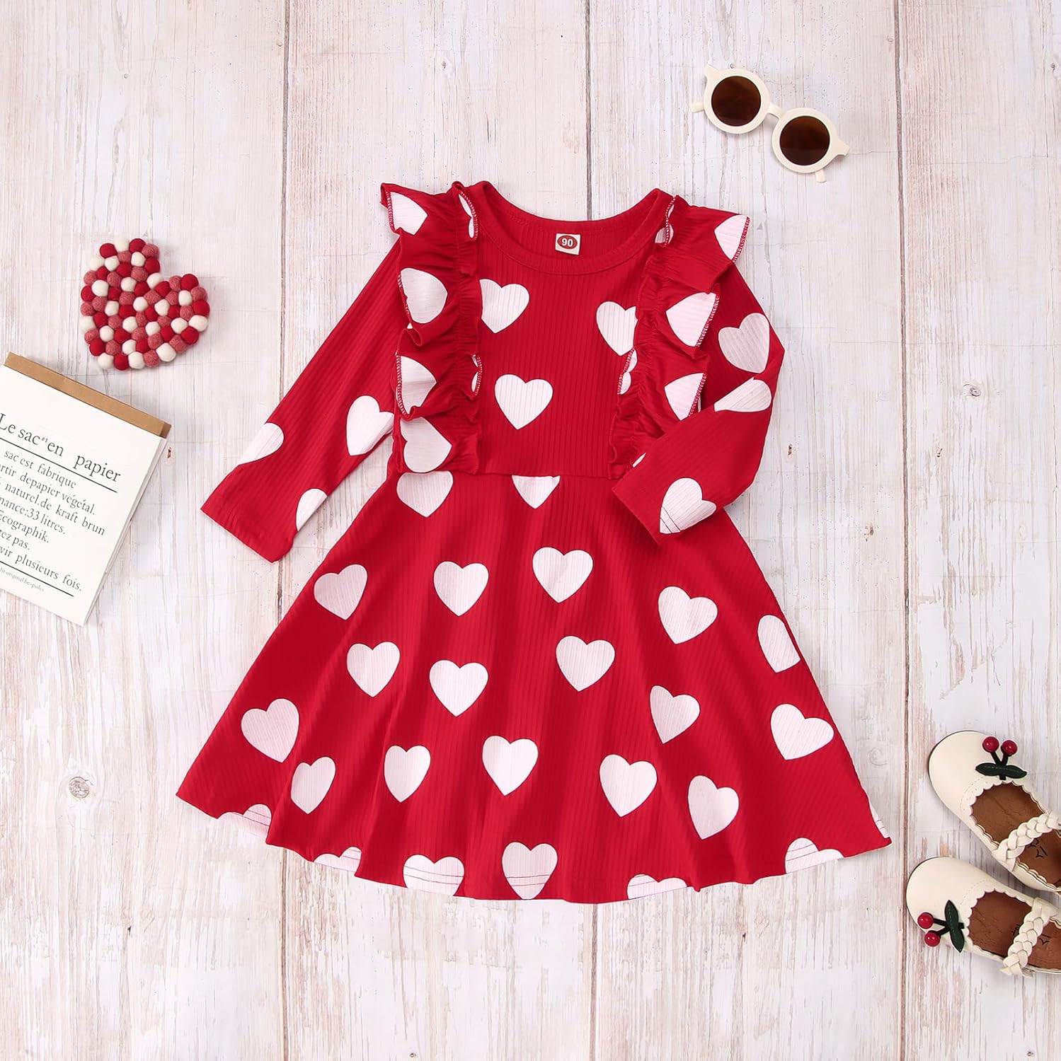 Little Girls Valentine Dress Toddler Girls Long Sleeve Dresses Love Heart Outfits Princess Ruffle Twirly Skirt - Image 3