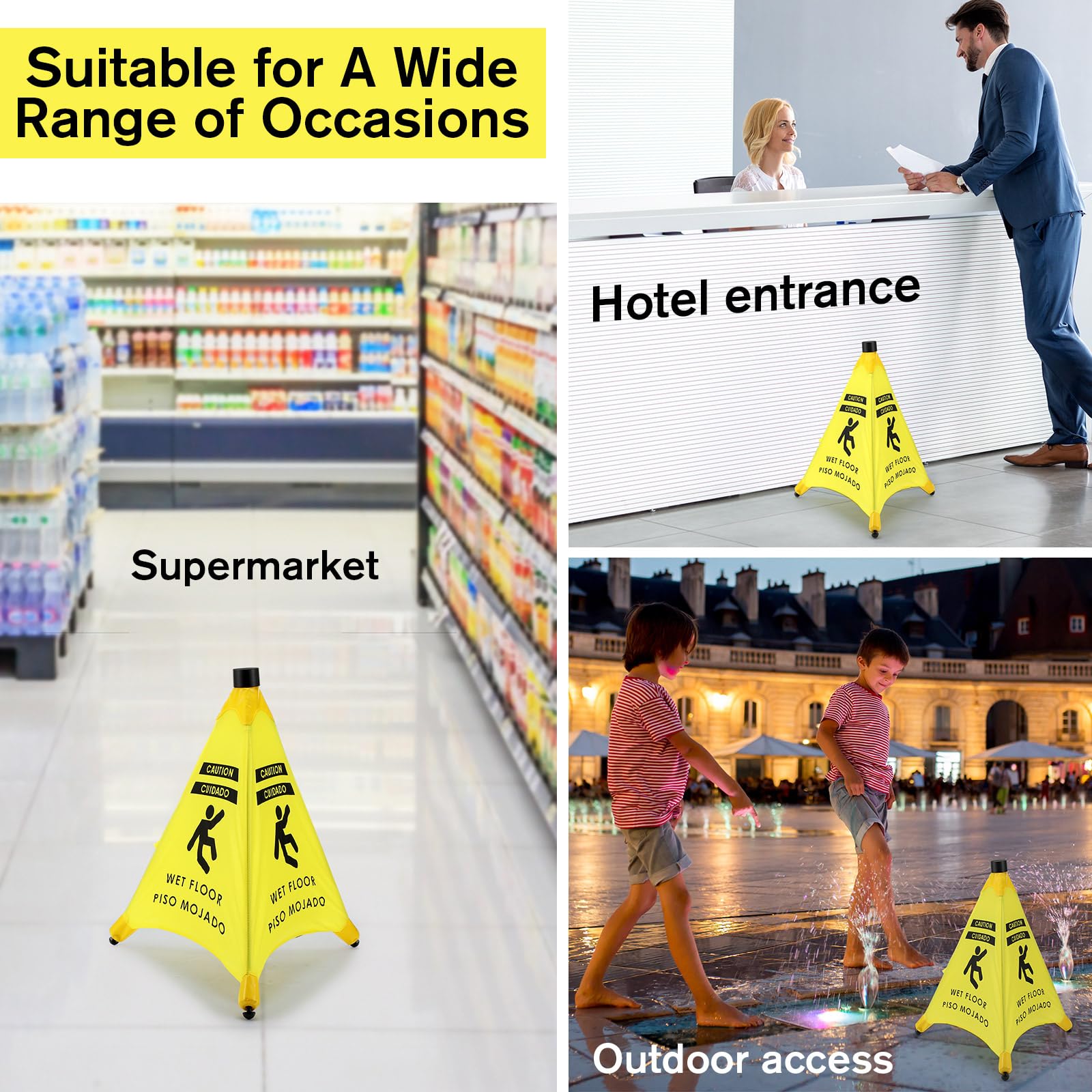 Ceenna Señal de seguridad emergente con tubo de almacenamiento, símbolo de suelo húmedo, señal de advertencia amarilla para venta al por menor, comestibles, oficina, cine, restaurante, centro