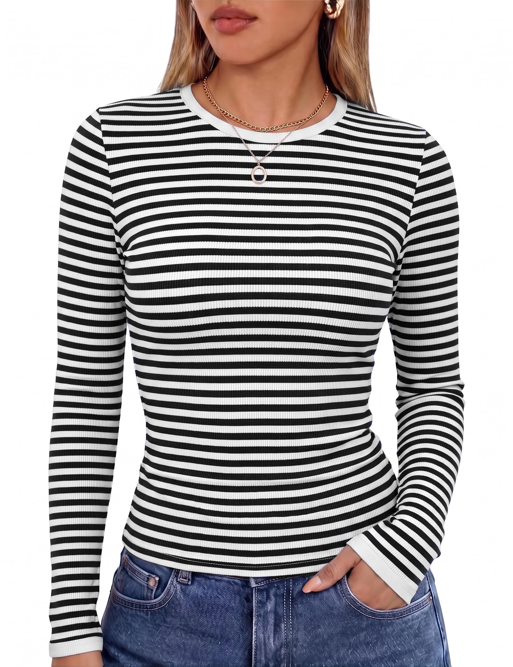 Leversic Langarmshirt Damen Gerippt Contrast Binding Shirt | Bequem Hautfreundlich Basic Rundhals Elegant Slim Fit mit Stretch Shirt Modisch Vielseitig Für alle Jahreszeiten
