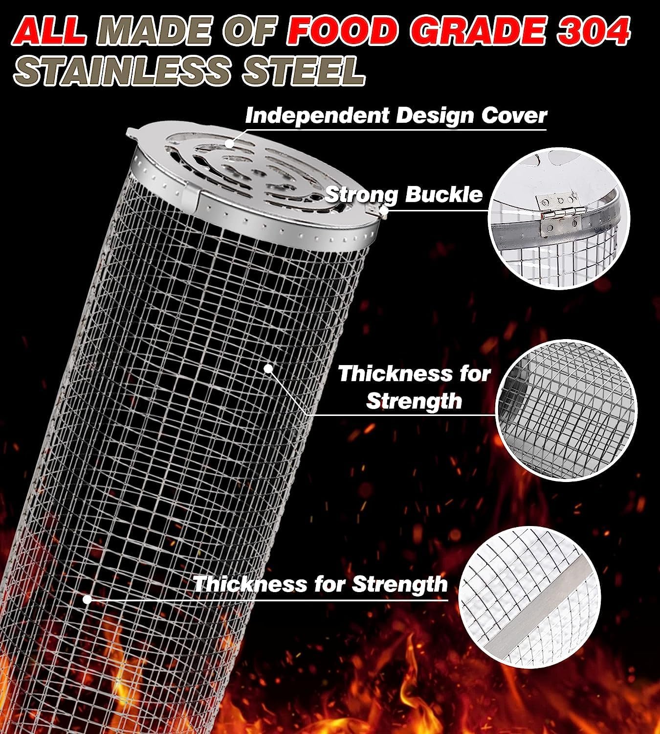 Rolling Grilling Baskets for Outdoor Grill Bbq Net Tube with Spray Bottle Large Outsidegrill Crate Baskrt Canisters Barbeque Basket for Camping Picnic Party Cooking Accessories Gifts for Men