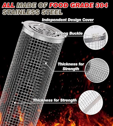 Miniatura 20 de Cestas de parrilla con ruedas para parrilla al aire libre, tubo de red de barbacoa de acero inoxidable, accesorios grandes de malla redonda, jaula