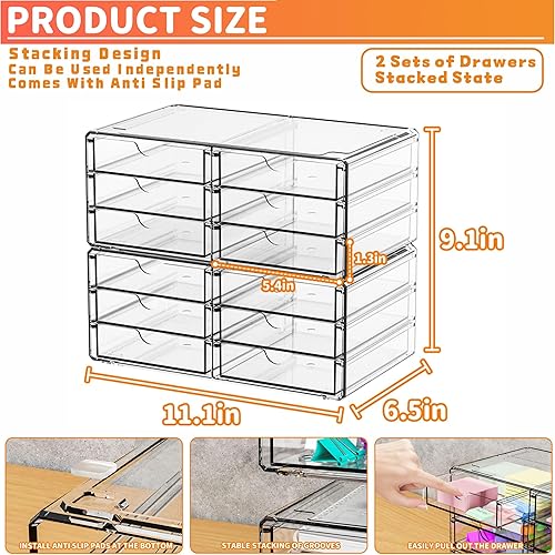 Miniatura 2 de Yieach Paquete de 2 cajones de almacenamiento acrílicos con 12 cajones pequeños, organizador de gabinete de oficina apilable y organizador de