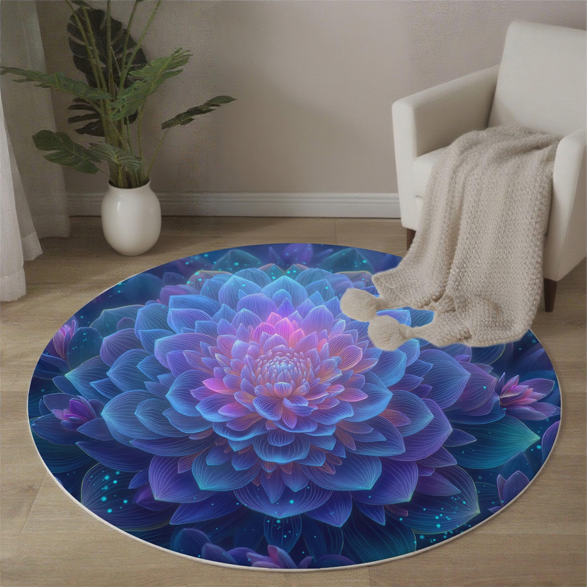Néon Mandala Tapis Rond Salon 180cm, Art Psychédélique Abstrait Antidérapant Poils Courts Tapis De Sol Ronds Décoration, pour Salon Chambre Cuisine Balcon Terrasse, Bleu