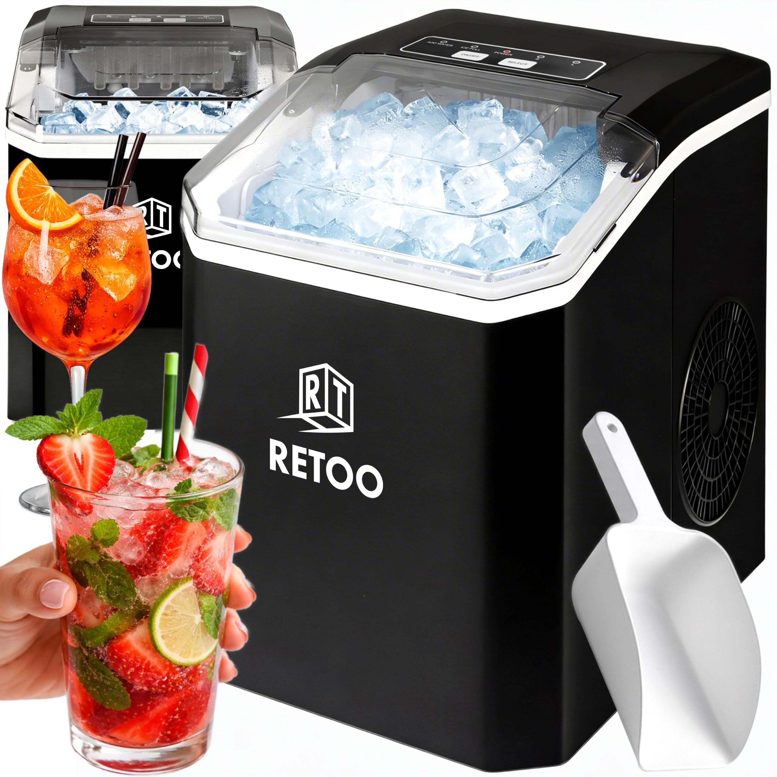 Retoo Eiswürfelmaschine 12 kg/24h, 9 Eiswürfel/6–12 Min | Selbstreinigung, 1,5 l , 2 Eisgrößen, Display, Wasserstandsanzeige, 0,7 kg Eisbehälter, 120 W