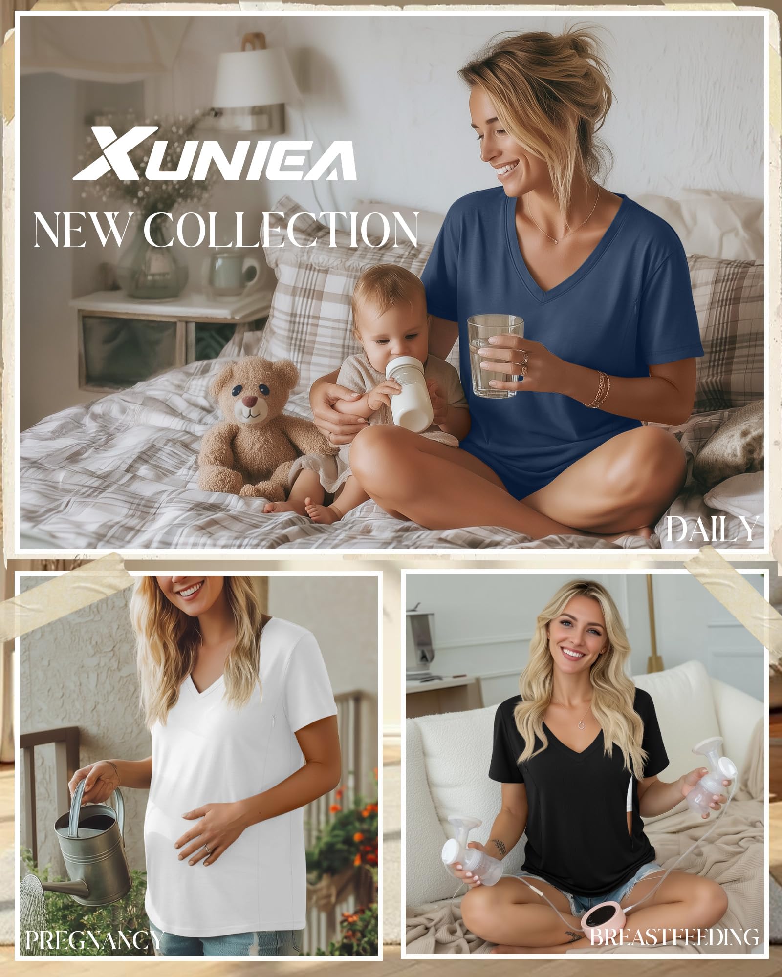 Xuniea Lot de 3 Hauts D’Allaitement pour Femmes, T-Shirts D’Allaitement à Fermeture Éclair Cachée pour Allaiter et Tirer Le Lait, Col V Manches Courtes