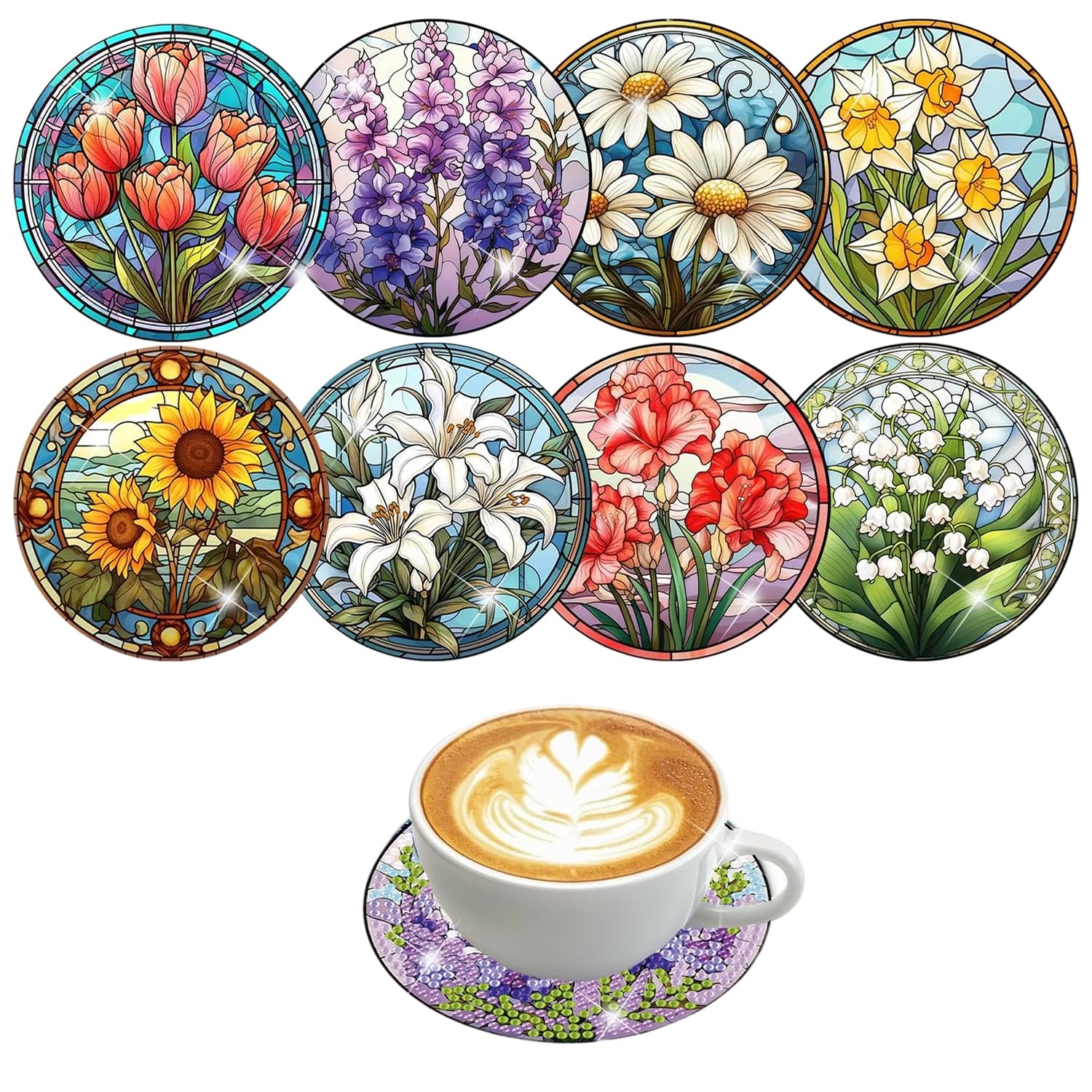 8 Pcs Flowers Diamond Art Coasters Set with Holder, DIY Flowers Diamond Painting Coasters Mosaic Kits for Adults, Round Non Slip Coaster Crafts for Tabletop Protection and Gifts