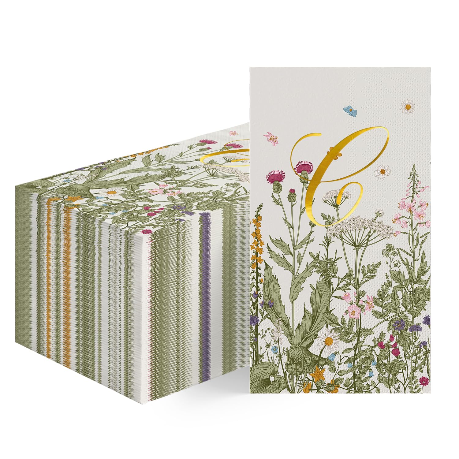 Horaldaily 100 Spring Disposable Paper Decorative Guest Napkins, Watercolor Flowers Gold Foil Letter C Wedding Party Baby Show