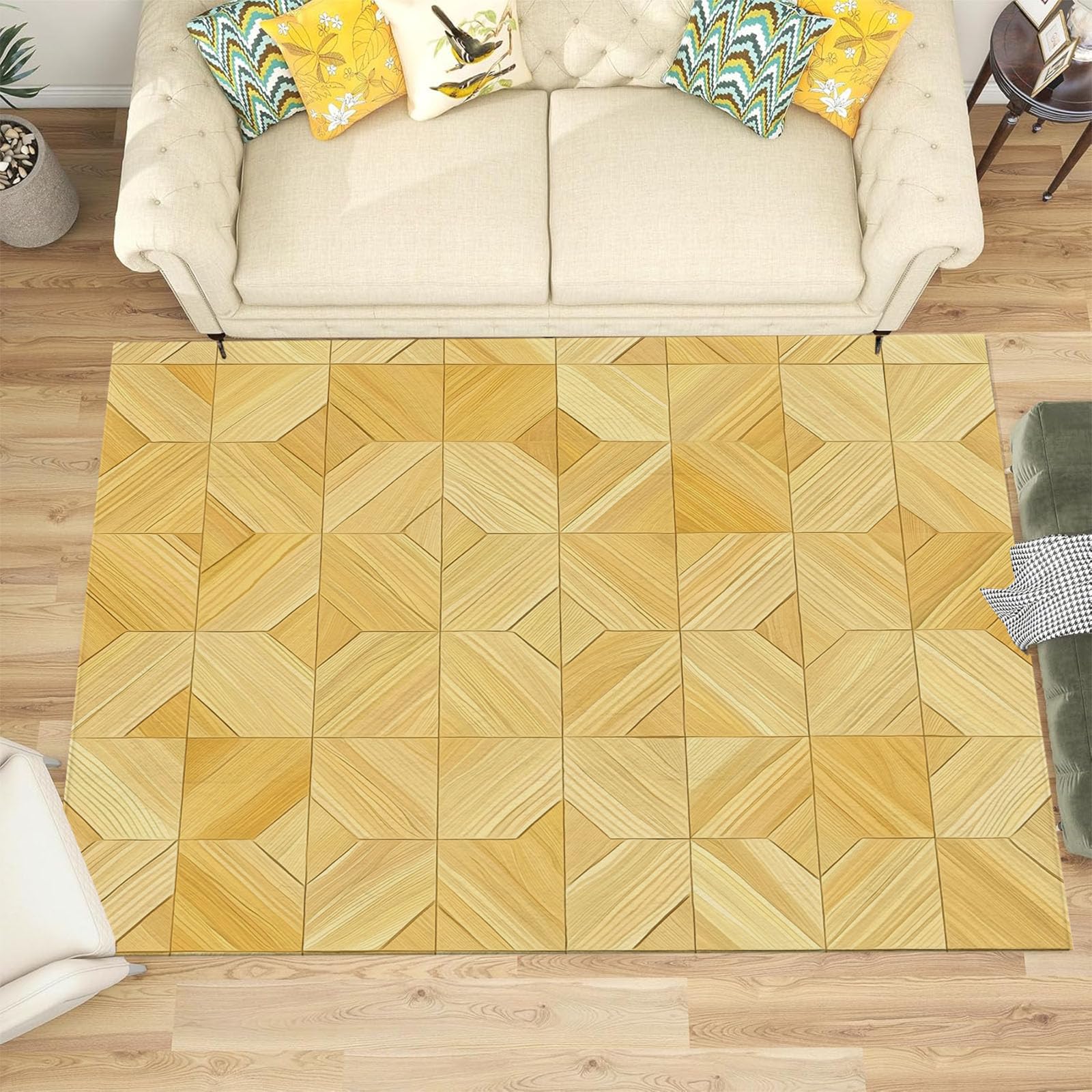 Tapis Lavable Parquet, Antidérapant Géométrie Patchwork Rétro, Résistant Aux Taches pour Intérieur, Décoration pour Salon, Chambre À Coucher, Bureau - Jaune Clair - 80X150Cm