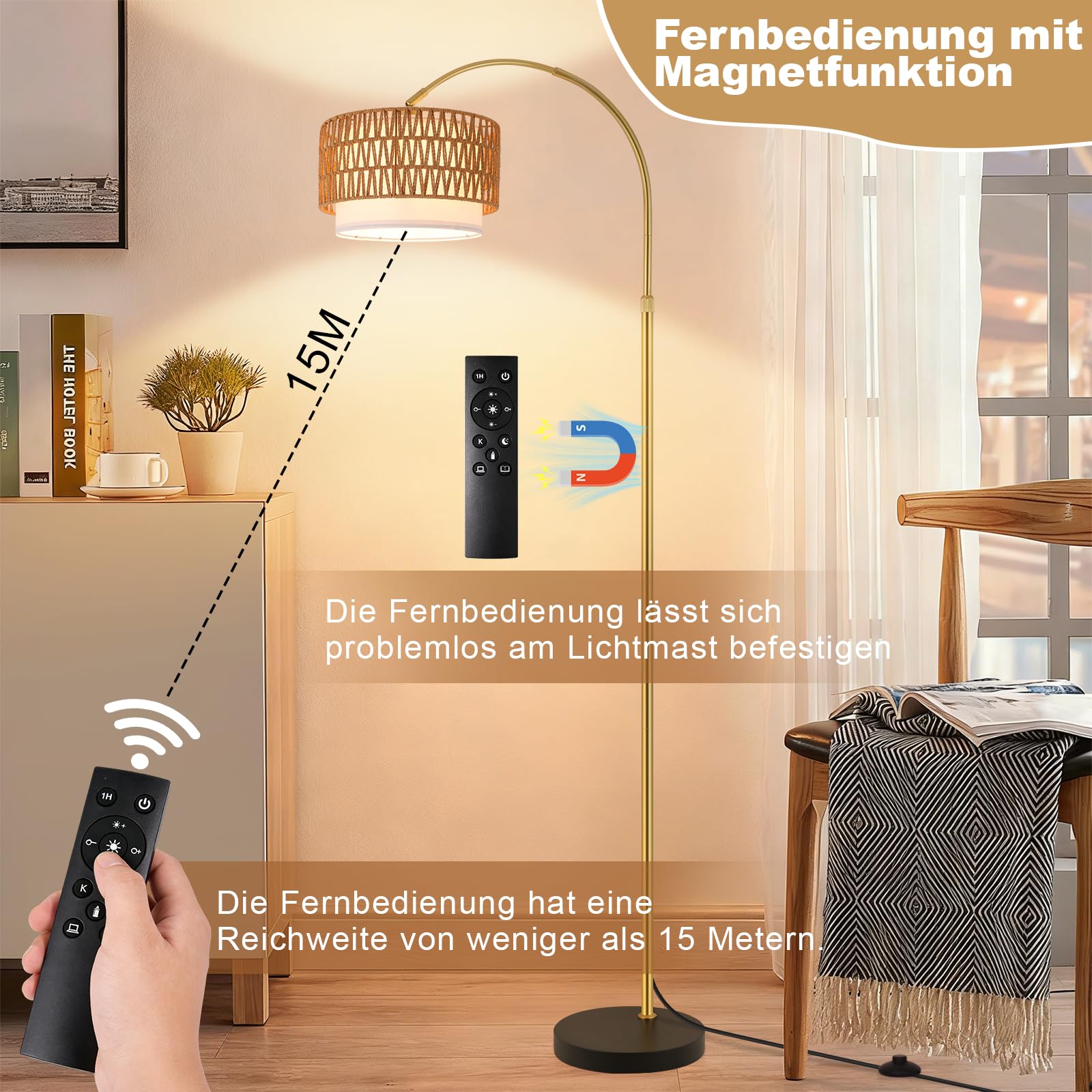 Lampada da terra ad arco per soggiorno, stile boho dorato: lampada da terra in rattan, dimmerabile con telecomando, lampada ad arco incl. 1 LED da 9 W adatta per ufficio e camera da letto
