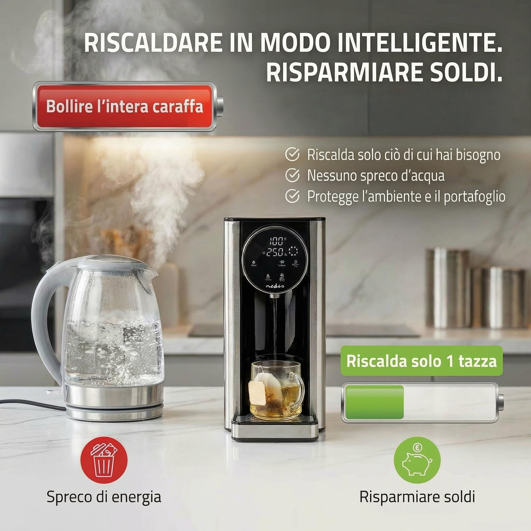 Nedis KAWD310FBK erogatore di acqua calda – serbatoio da 2,7 L – potenza 2600 W – riscaldamento rapido – controllo touch – alluminio/nero